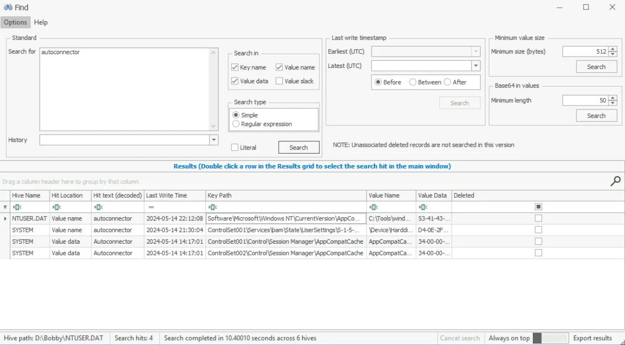 FTK Imager中搜索包含AutoConnector关键字的注册表项结果