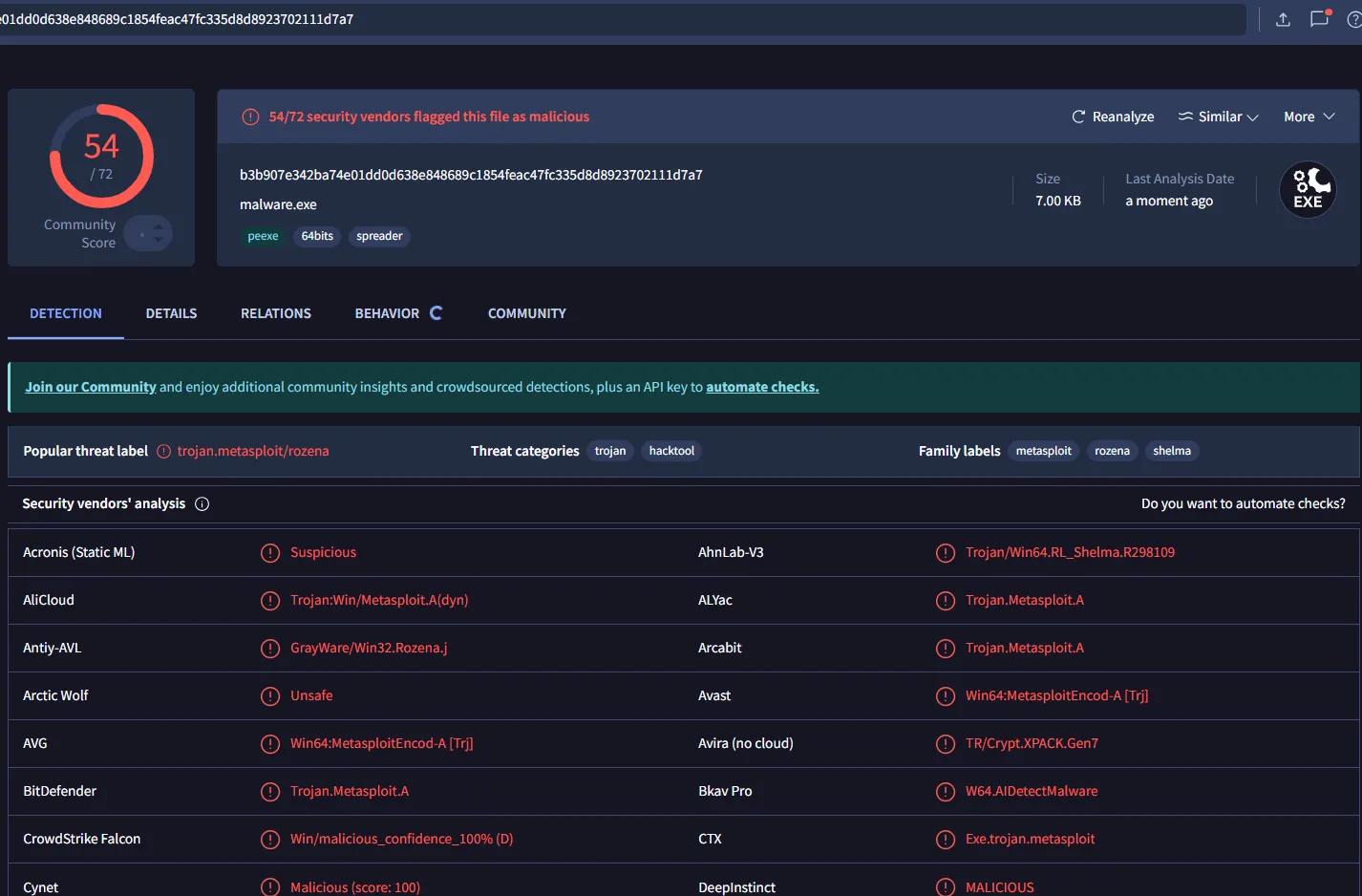 签名前的恶意软件VirusTotal检测结果